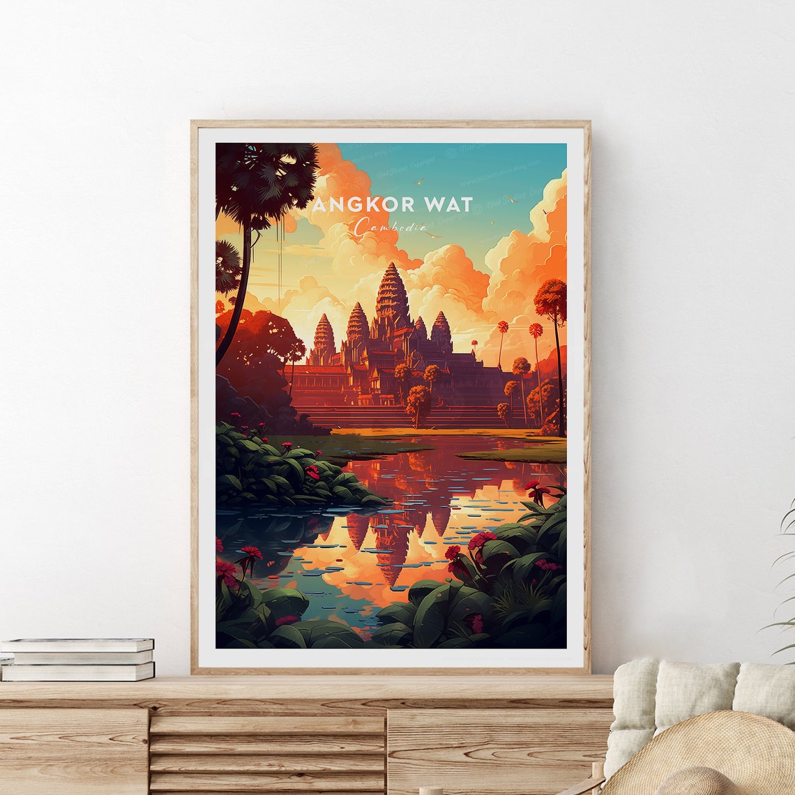 Angkor Wat Cambodia Temple Sunset Reflection Scenic Travel Poster