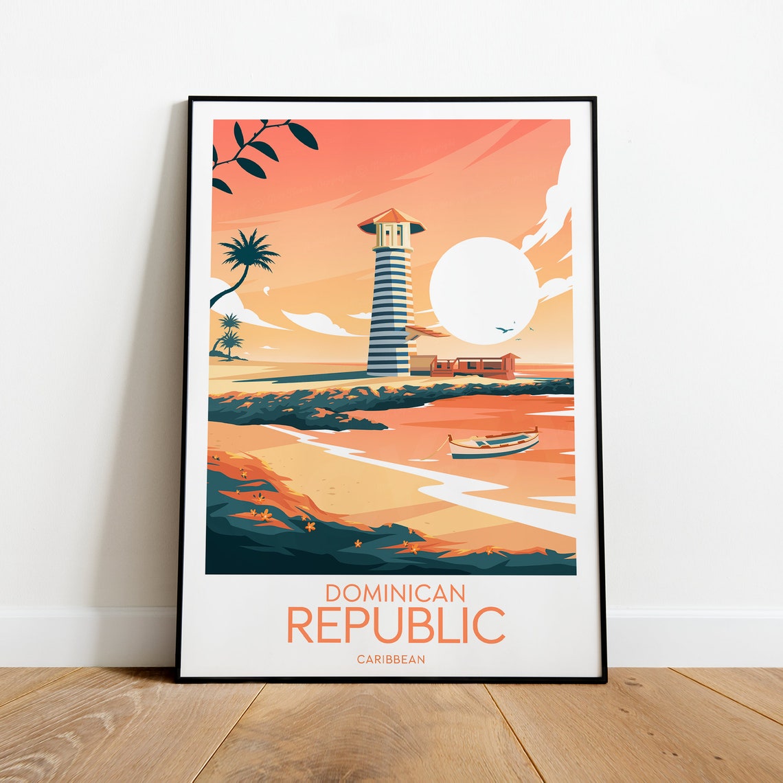 Dominican Republic Caribbean Lighthouse Sunset Beach Travel Poster