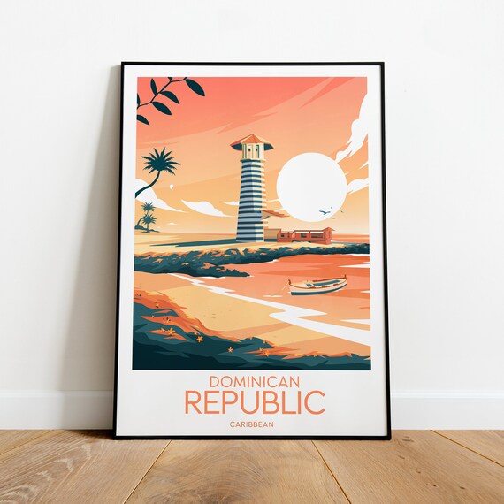 Dominican Republic Caribbean Lighthouse Sunset Beach Travel Poster