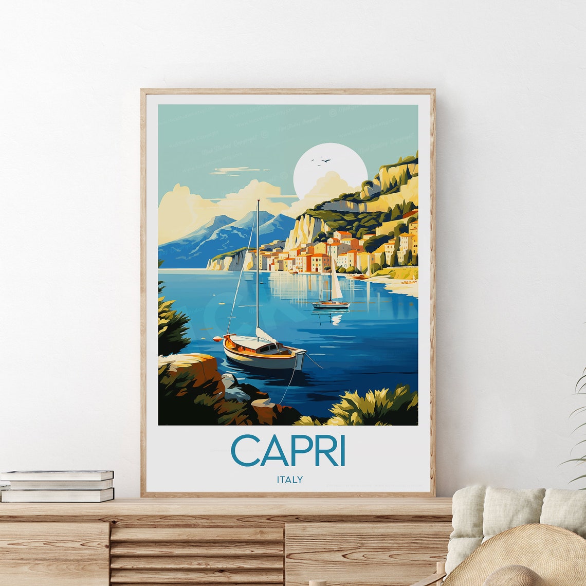 Capri Italy Marina Sailboats Cliffs Bay Coastal Scene Poster