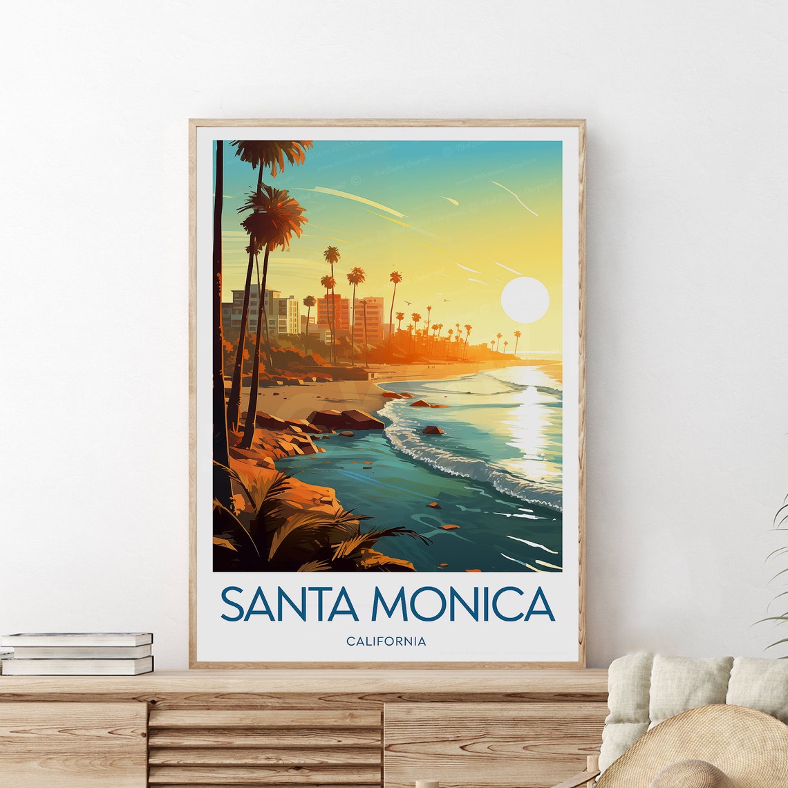 Santa Monica California Beach Sunset Palms Ocean Waves Travel Poster - Image 2