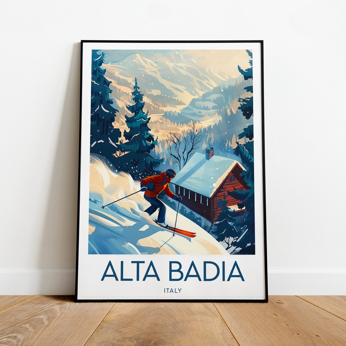 Alta Badia Italy Ski Slopes Sunset Skier Mountain Scene Poster - Image 2