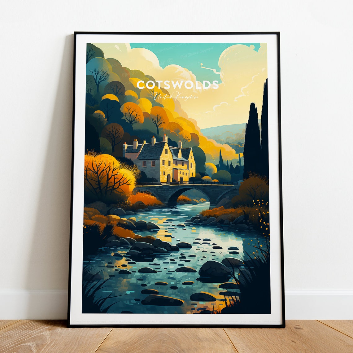 Cotswolds Autumn Stone Cottages Riverside Bridge England Travel Poster - Image 2