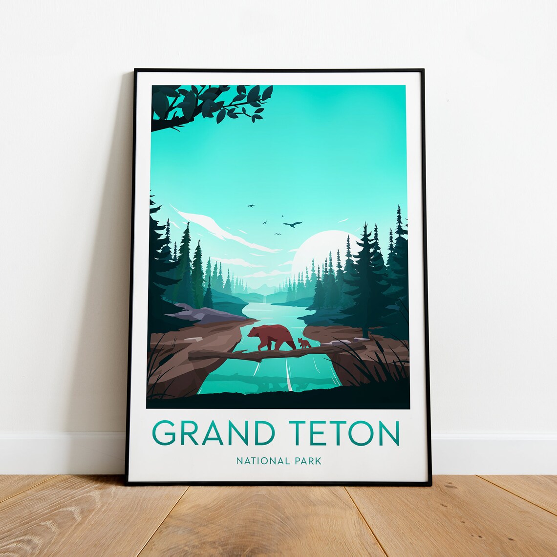 Grand Teton National Park Bear Crossing River Forest Travel Poster