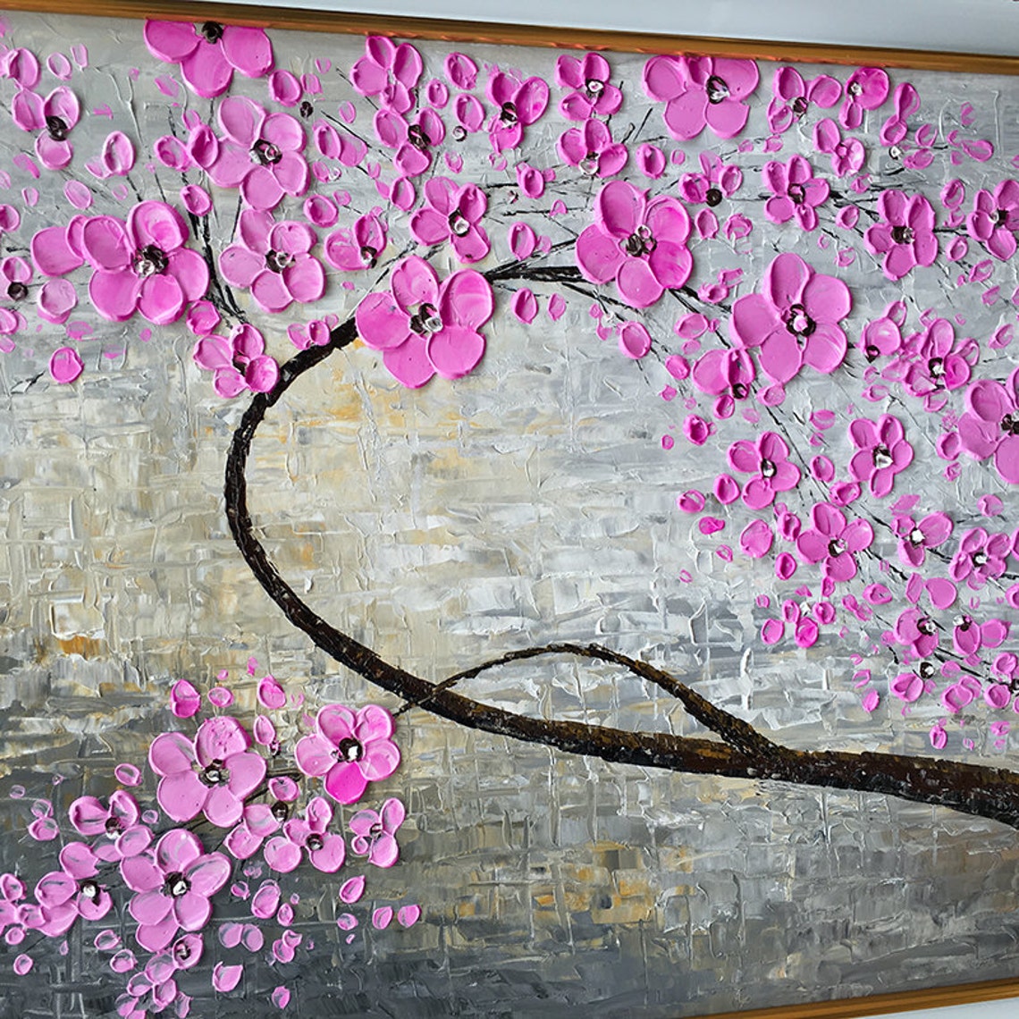 Pink Blossom Branch Sculpted Impasto Painting on Grey Textured Poster - Image 2