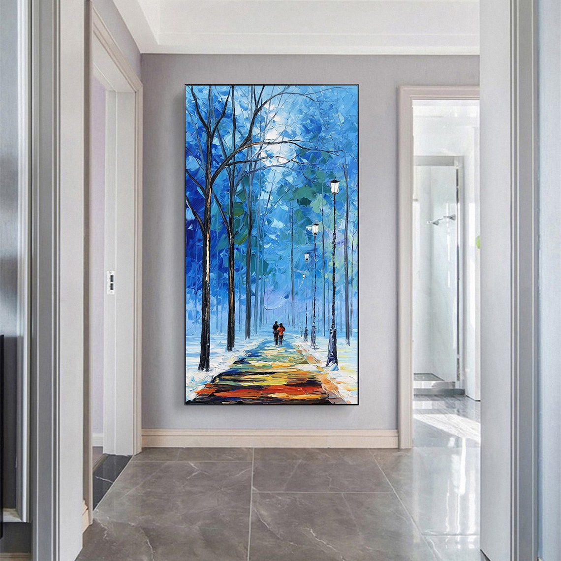 Hand Painted Couples Painting Art Blue Wall Art Landscape Oil Painting For Living Room Wall Decor Palette Knife Art Painting Spiritual Art - Image 2