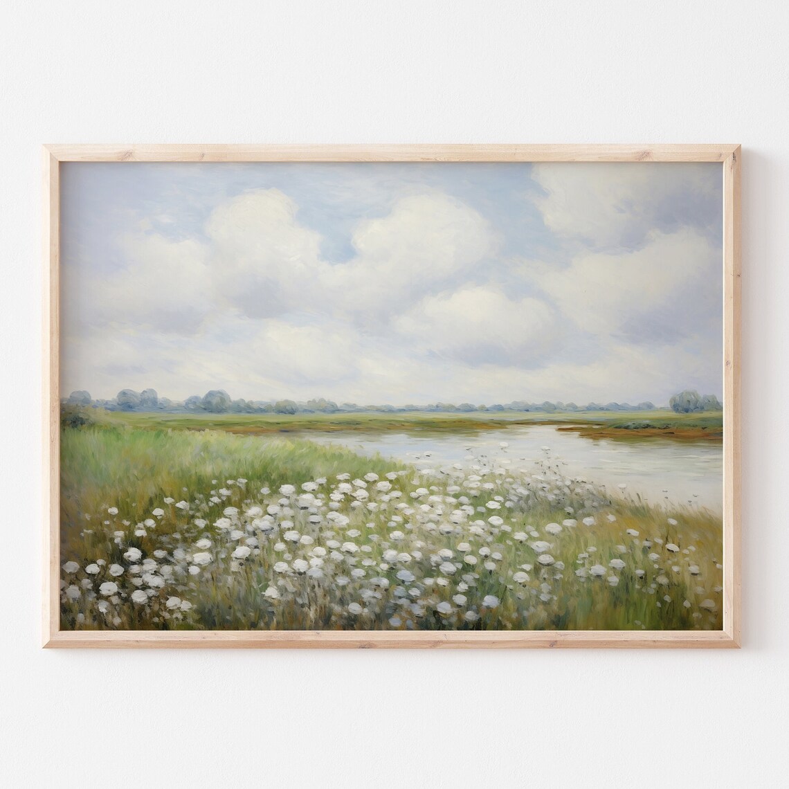 White Wildflowers Along Calm River Under Wide Cloudy Sky Poster