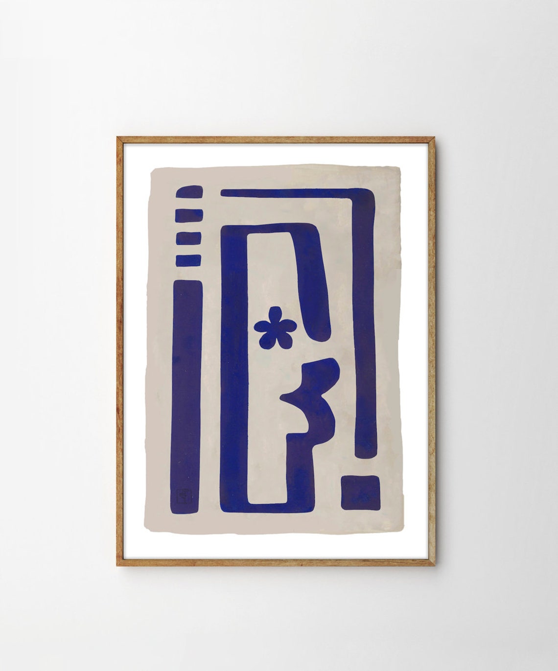 Cobalt Blue Geometric Abstract Ancient Shapes Beige Ground Poster - Image 4