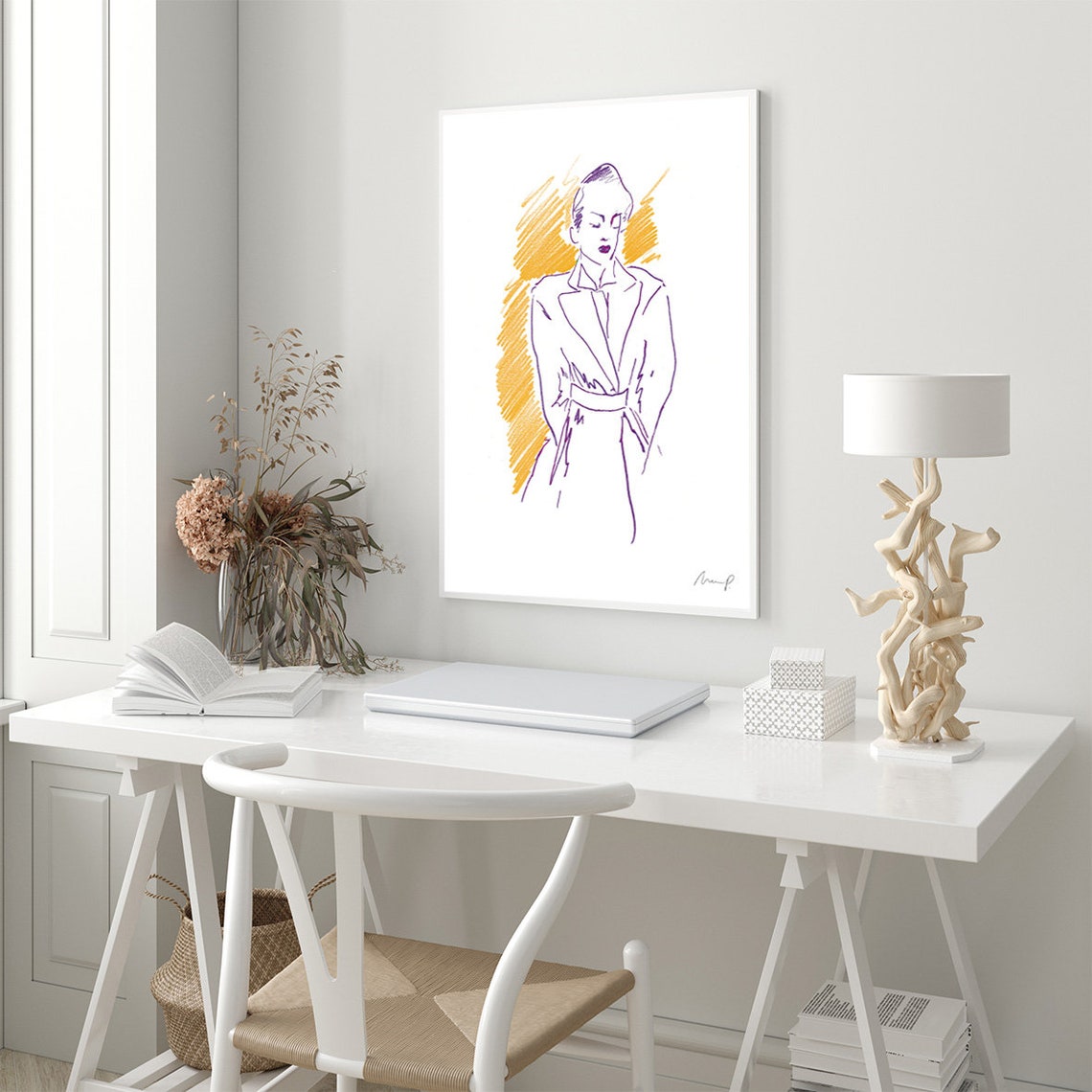 Poised Fashion Illustration Woman Belted Coat Crayon Style Poster - Image 2