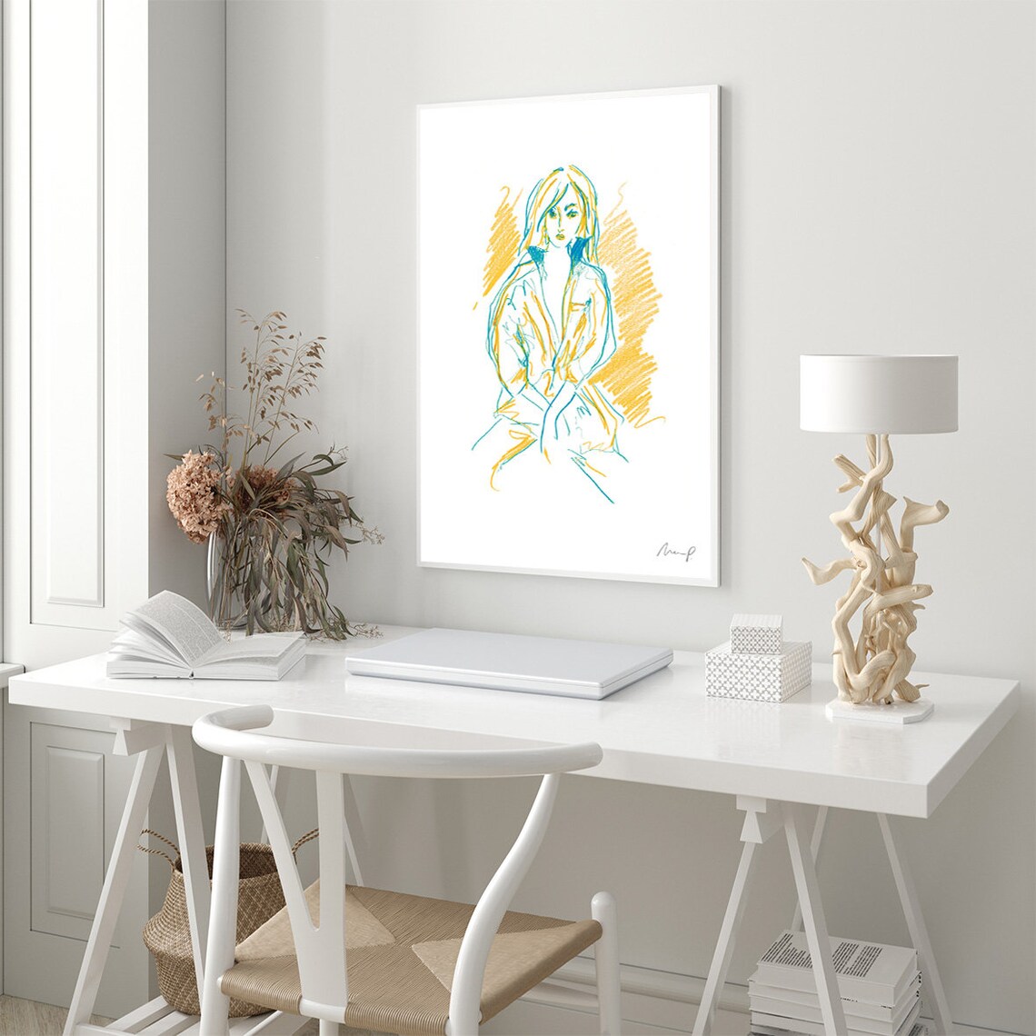 Lively Fashion Sketch Seated Woman Blue Yellow Crayon Art Poster - Image 3