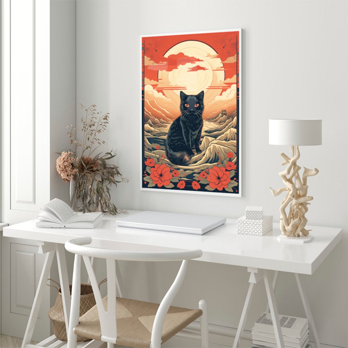 Japanese Black Cat Red Sun Woodblock Style Ukiyo E Art Poster - Image 4