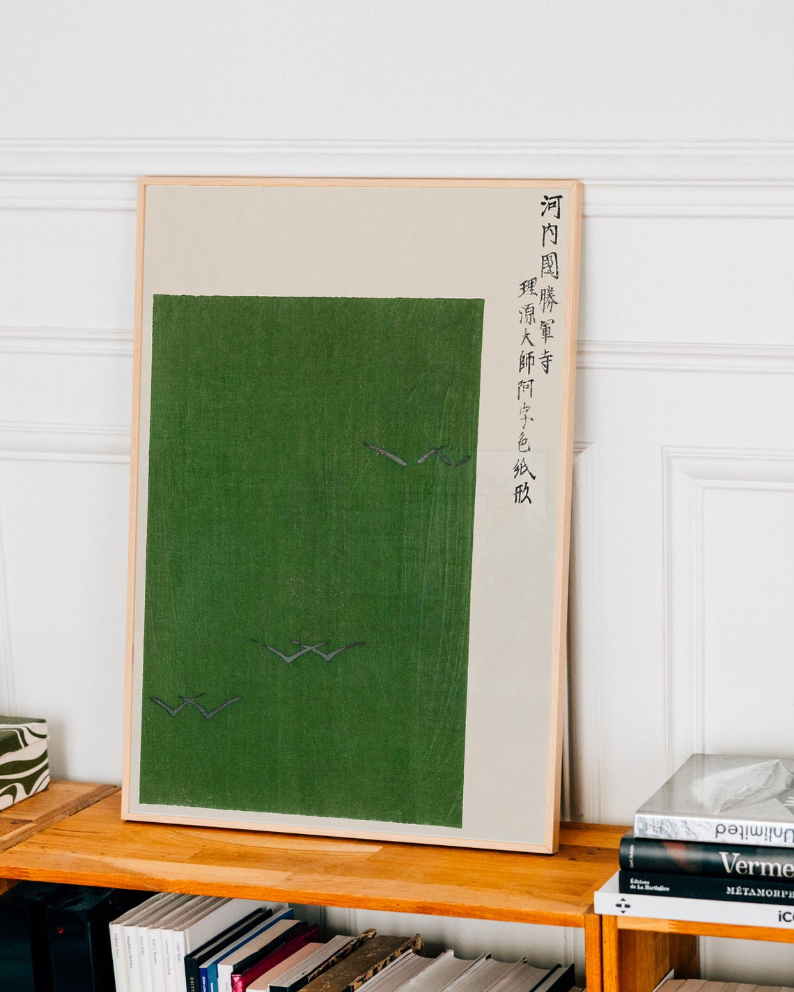 Green Japanese Woodblock Poster with White Birds in Flight Art - Image 2