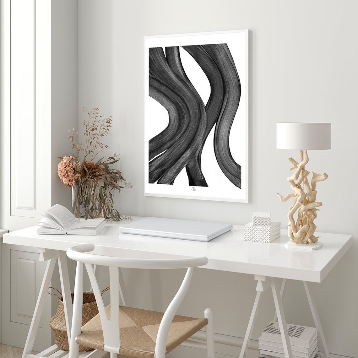 Black Flowing Brushstroke Waves Monochrome Minimalist Art Poster - Image 2