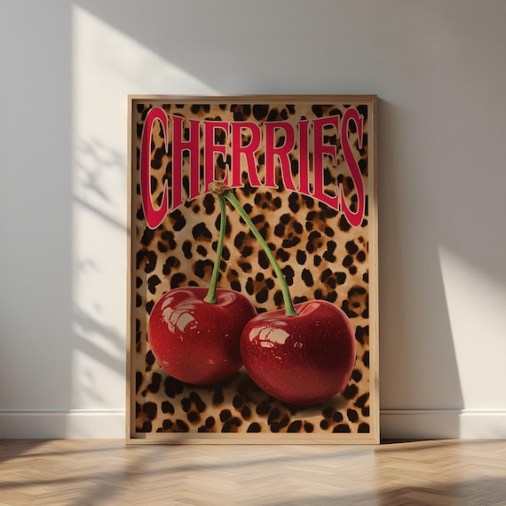 Retro Cherries Poster Leopard Print Pop Art Kitchen Decor
