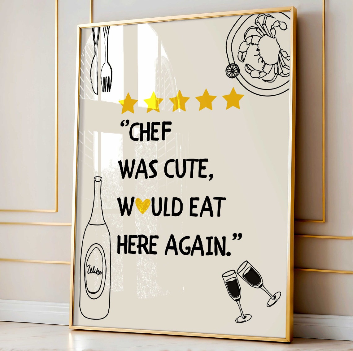 Chef Was Cute Would Eat Here Again Black Five Star Review Poster - Image 2