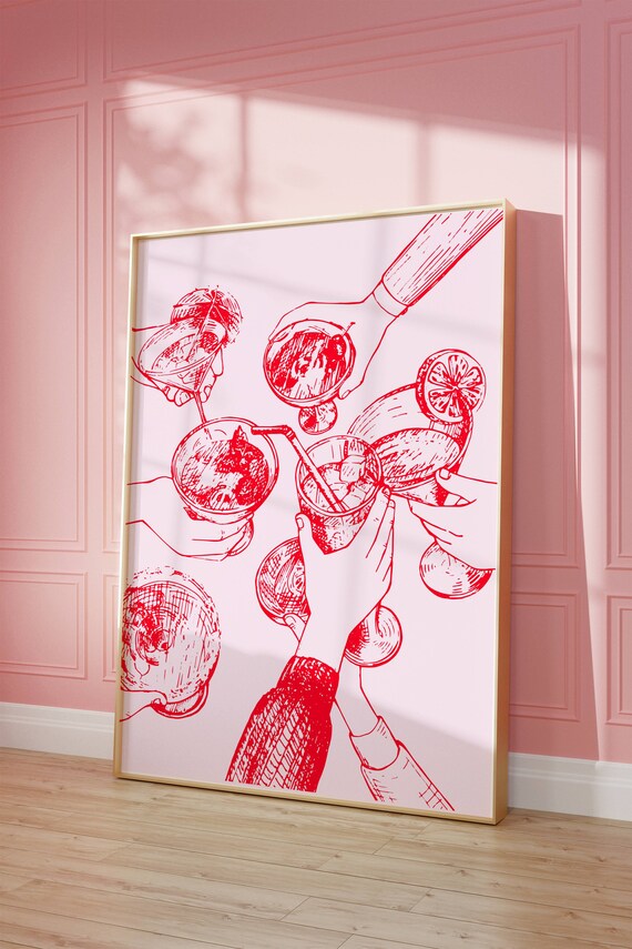 Raised Cocktail Glasses Toast Red Line Bar Illustration Poster