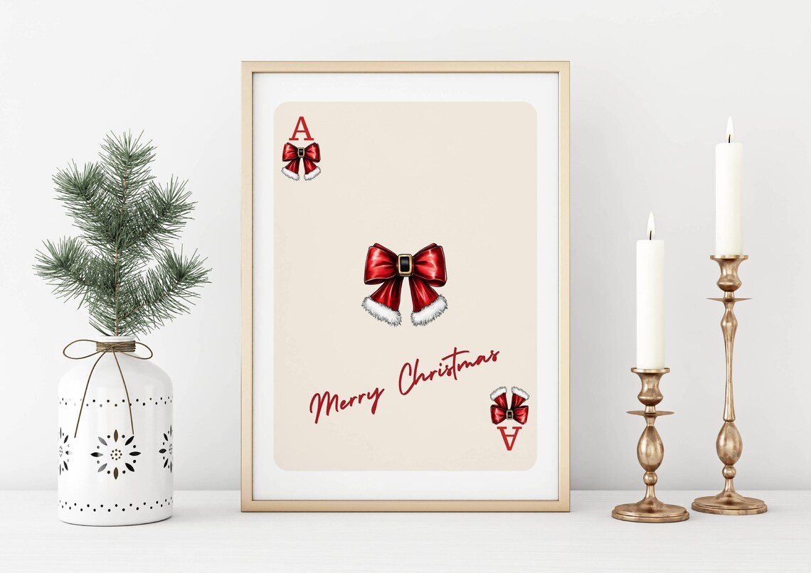 Merry Christmas Red Santa Belt Bow Ace Card Holiday Art Poster