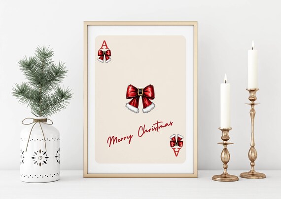 Merry Christmas Red Santa Belt Bow Ace Card Holiday Art Poster