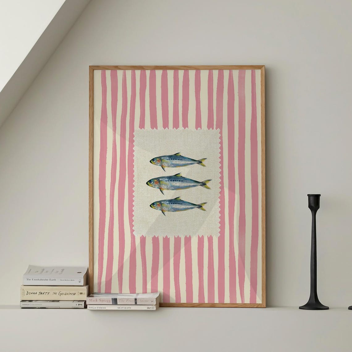 Pink Striped Fish Fabric Patch Coastal Kitchen Art Decor Poster