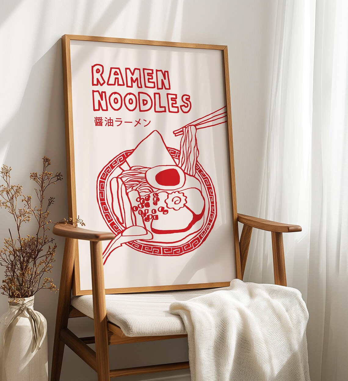 Red Shoyu Ramen Noodle Bowl Line Art Japanese Kitchen Wall Poster - Image 3