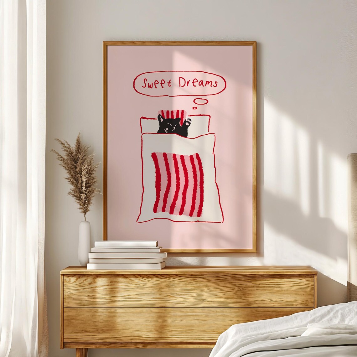 Sweet Dreams Black Cat In Bed Pink Cute Bedroom Wall Art Decor - Image 5