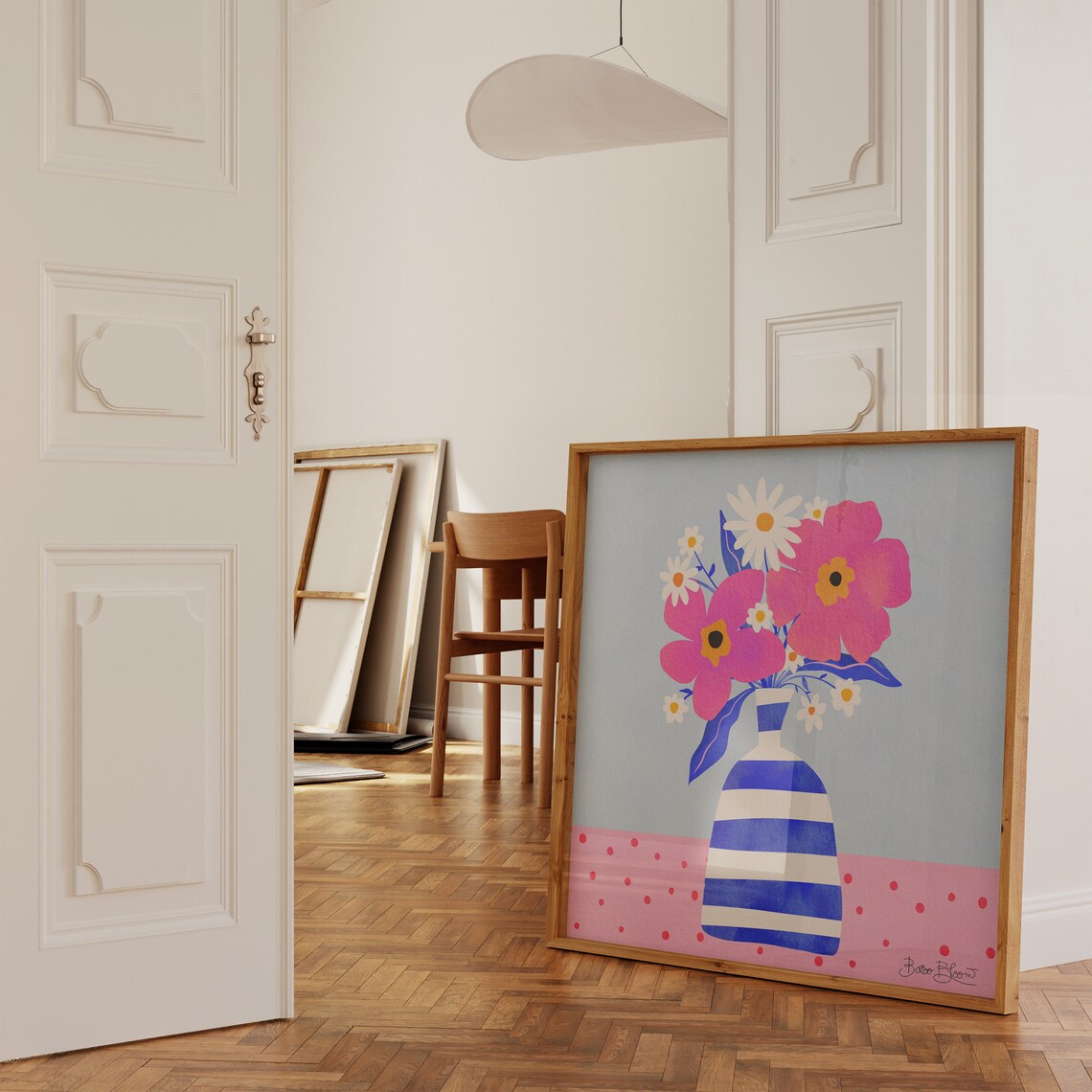 Maximalist Pink Flowers in a Striped Vase Art Print - Image 6