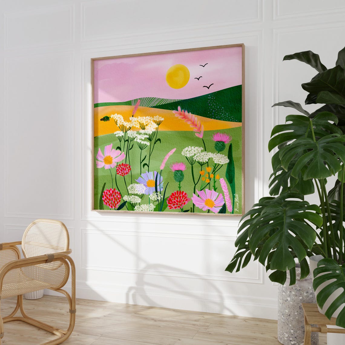 Whimsical Pink Meadow Wildflower Landscape Sunny Floral Art Poster - Image 5