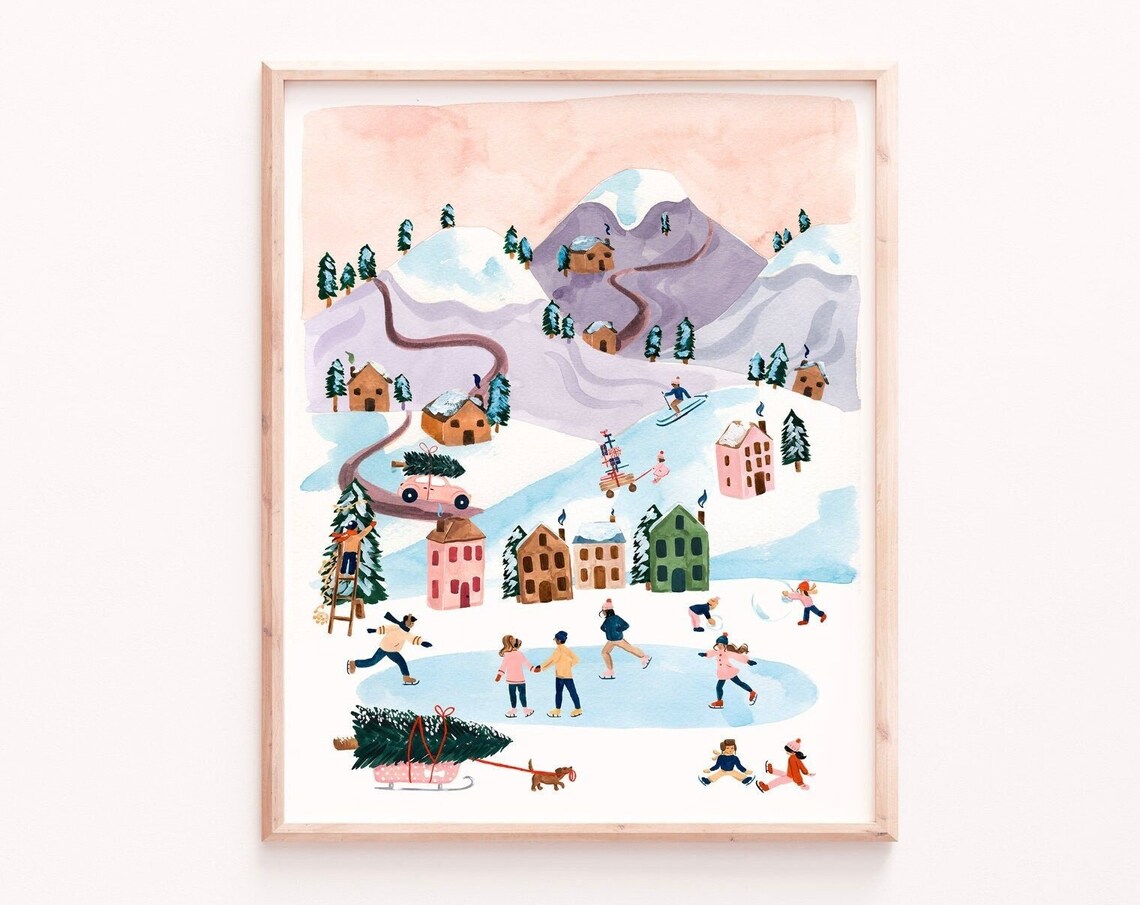 Winter Village Art Print, Snowy Mountains Landscape