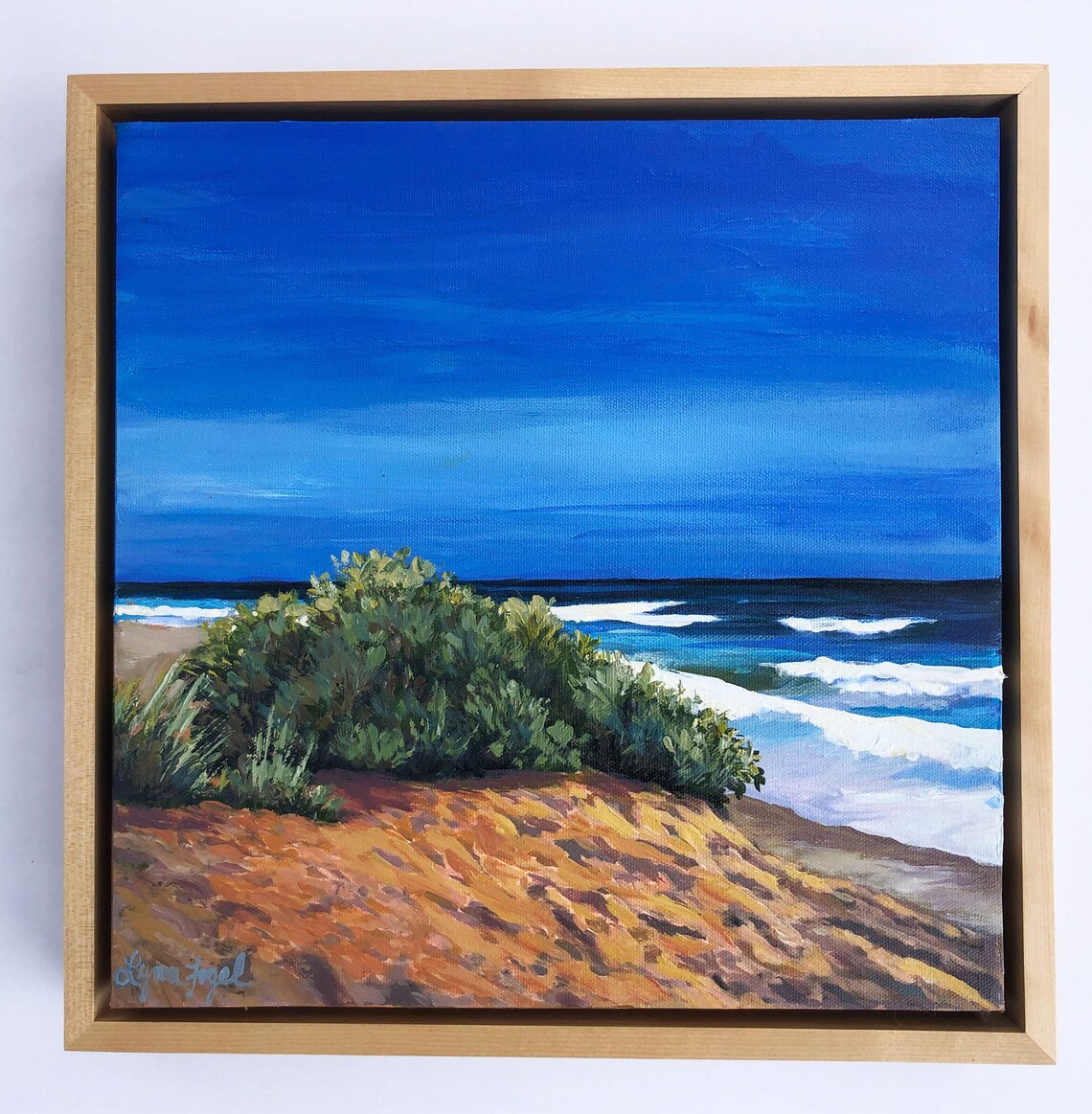 Ocean Dunes Bold Blue Waves Coastal Shrubs Oil Painting Poster