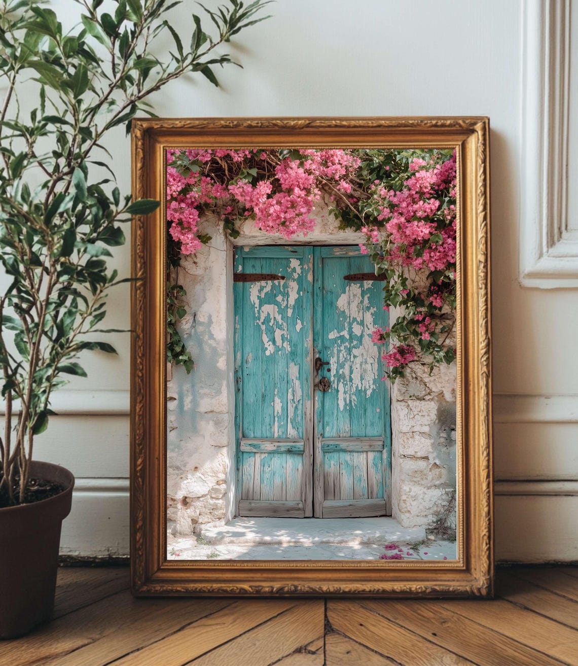 Rustic Turquoise Greek Door Pink Bougainvillea Mediterranean Poster