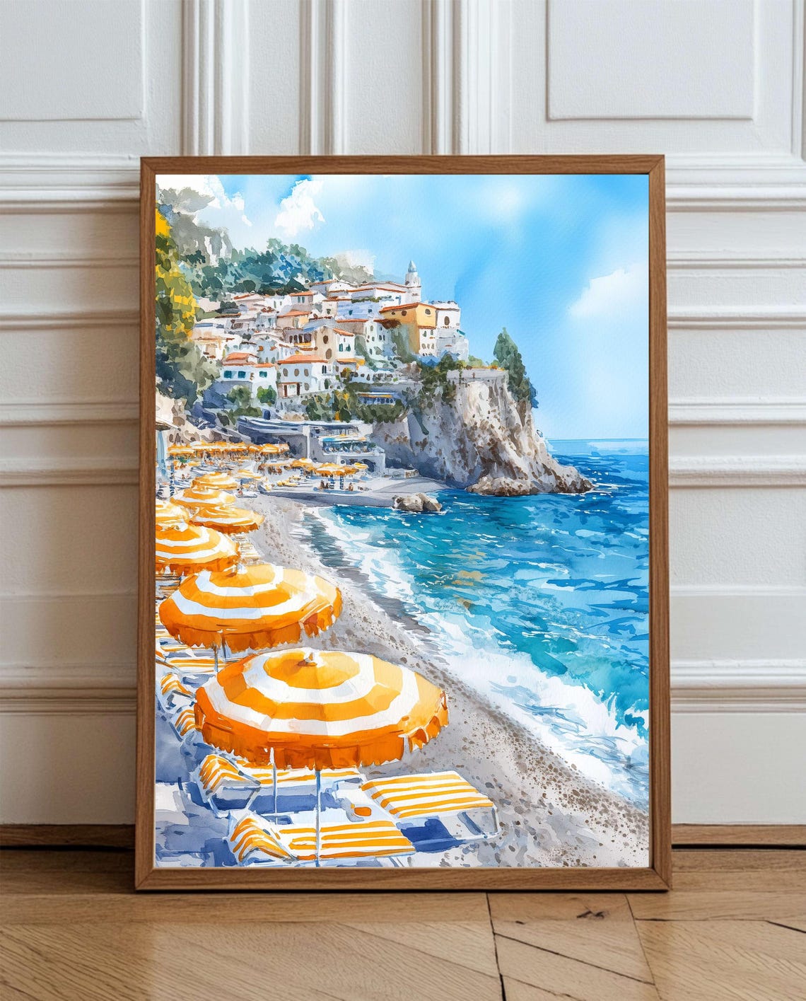 Amalfi Coast Beach Orange Umbrellas Watercolor Travel Poster
