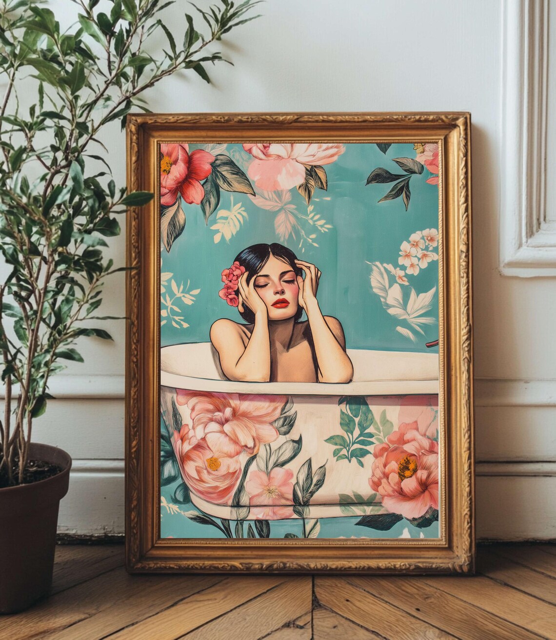 Pin-Up Woman in Floral Bathtub Tropical Tiled Bathroom Wall Art