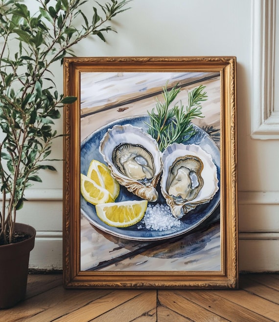 Oysters on Blue Plate Watercolor Lemon Parsley Coastal Kitchen Wall Art