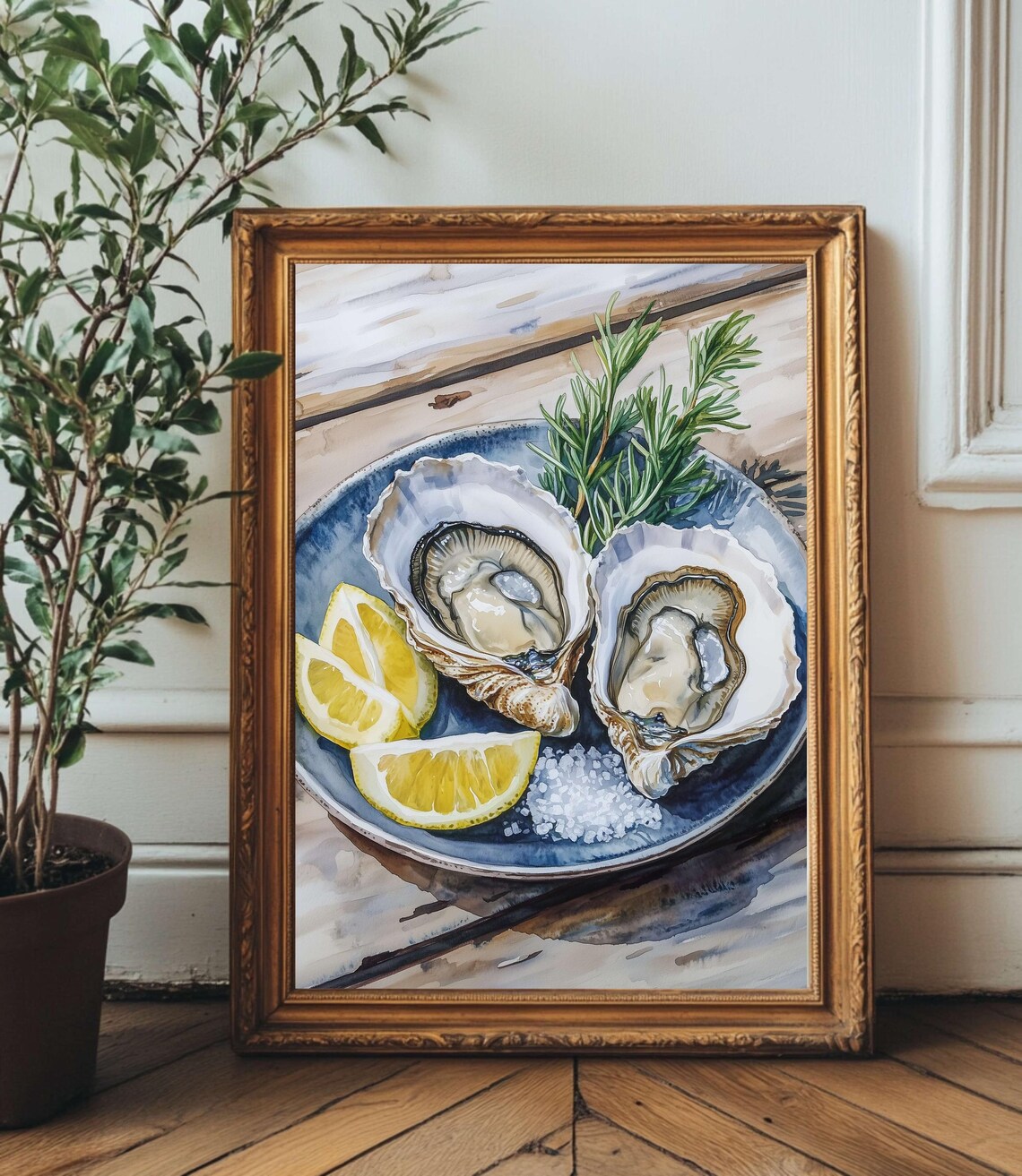 Oysters on Blue Plate Watercolor Lemon Parsley Coastal Kitchen Wall Art