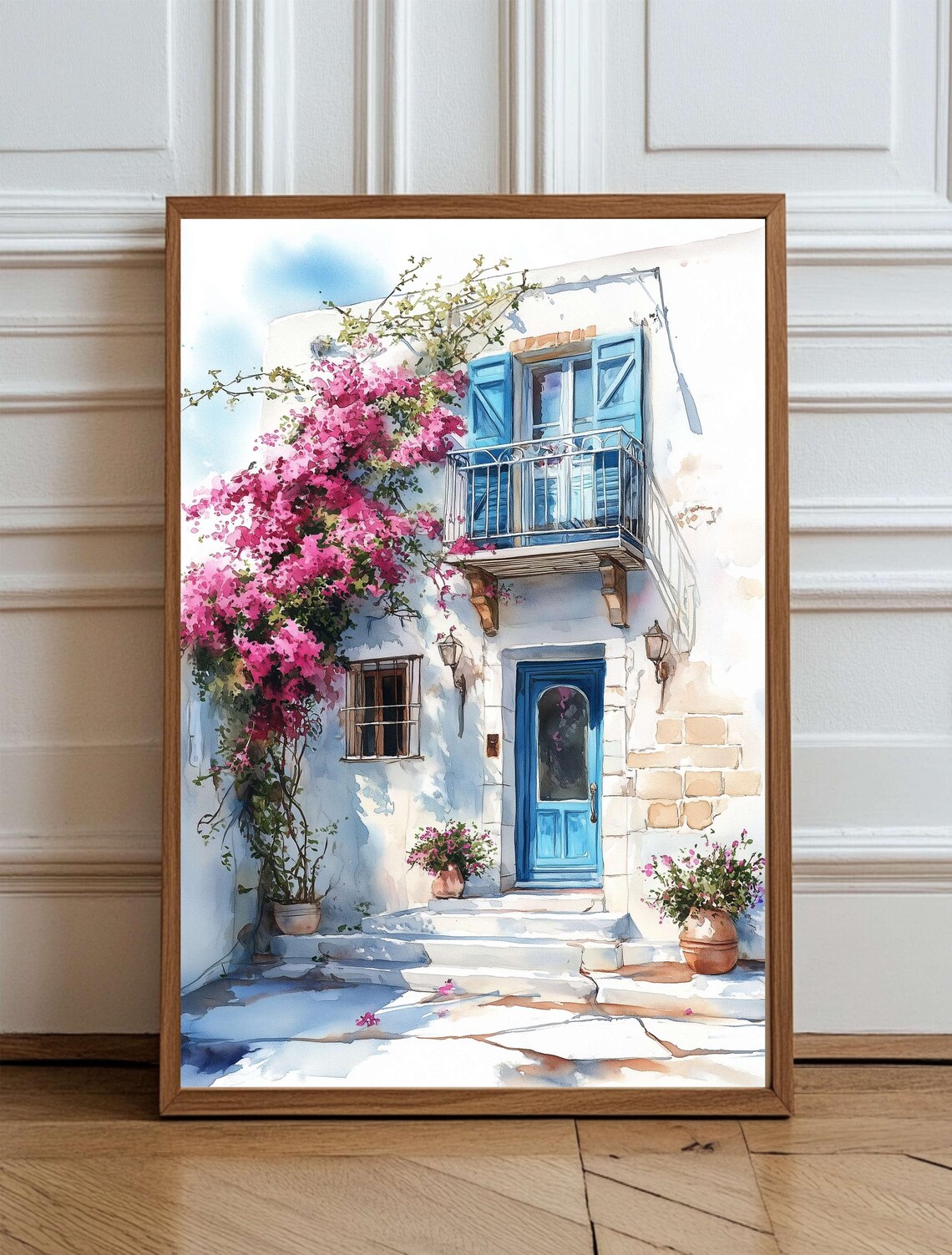 Greek Island Blue Door Balcony Watercolor Poster with Bougainvillea