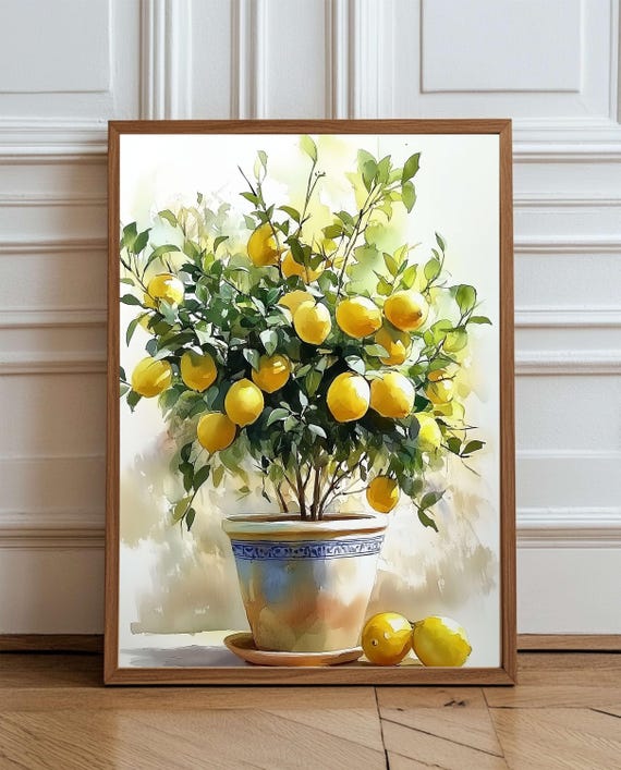 Watercolor Lemon Tree Wall Art Citrus Plant Kitchen Decor Botanical Fruit Artwork