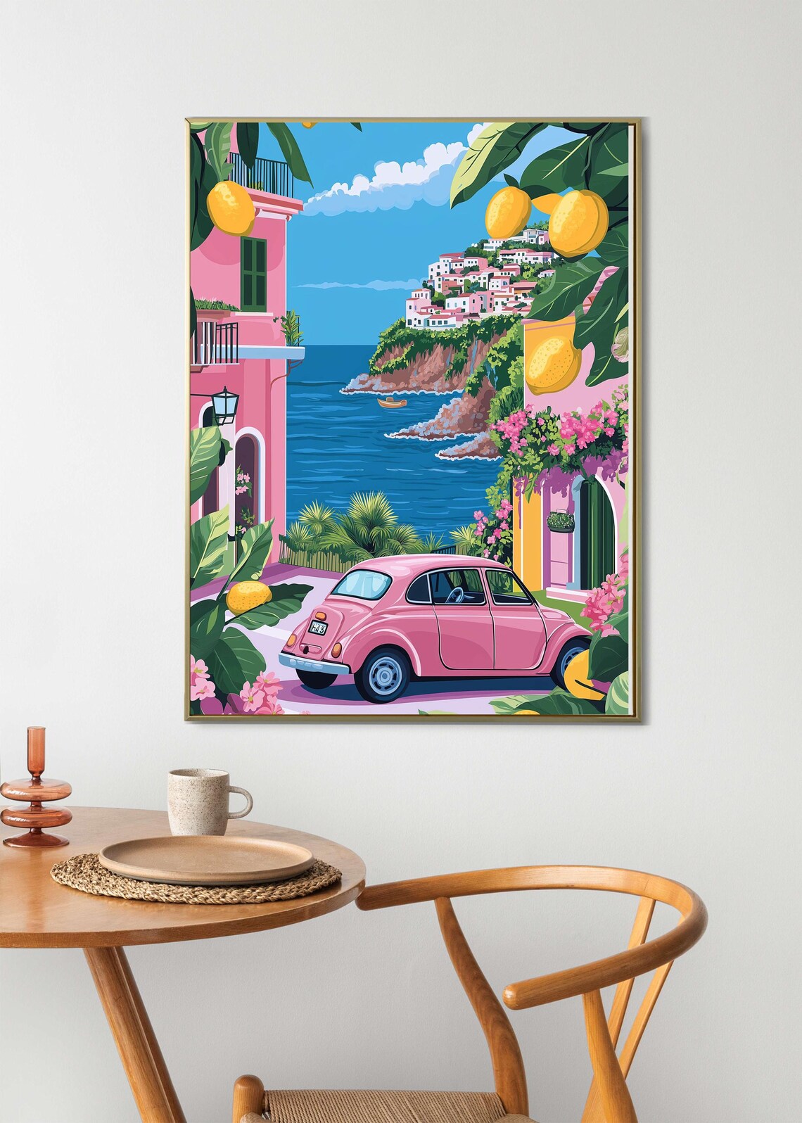 La Vita E Bella Italy Pink Fiat Amalfi Coast Summer Travel Poster