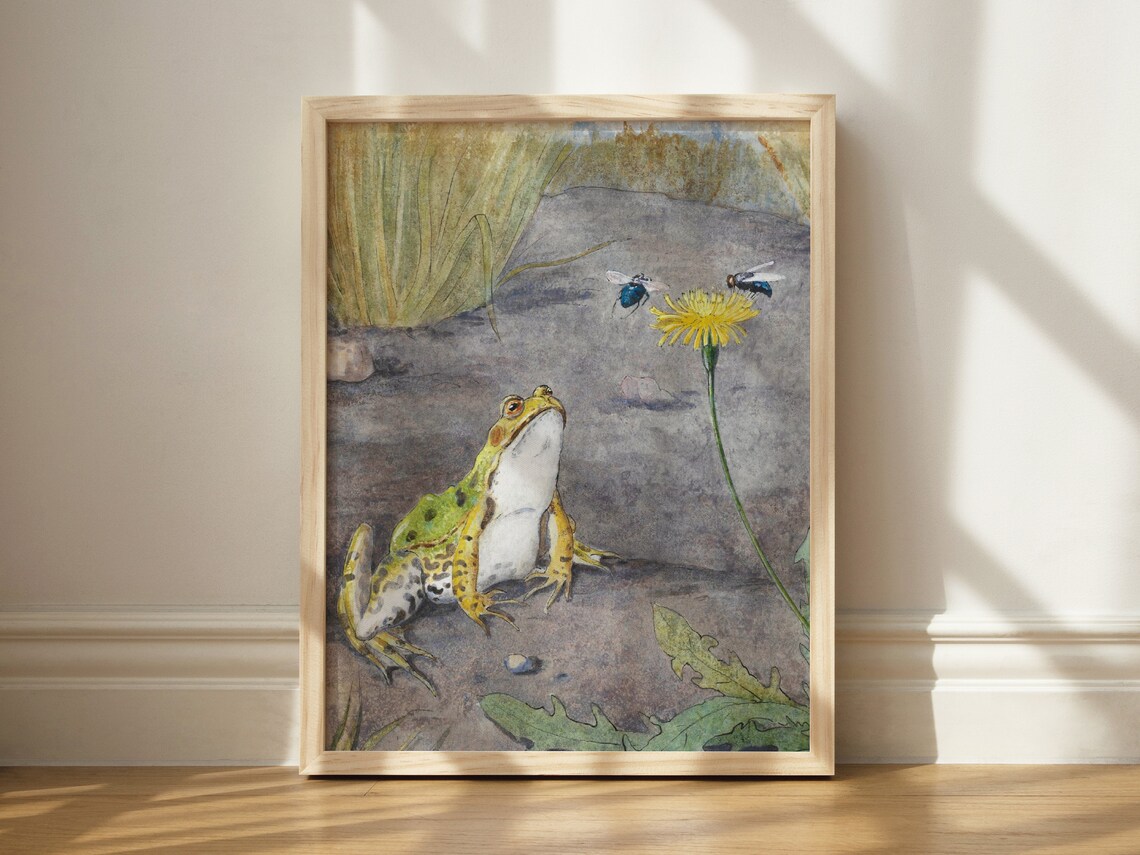 Frog And Dandelion Art Print, Quirky Decor