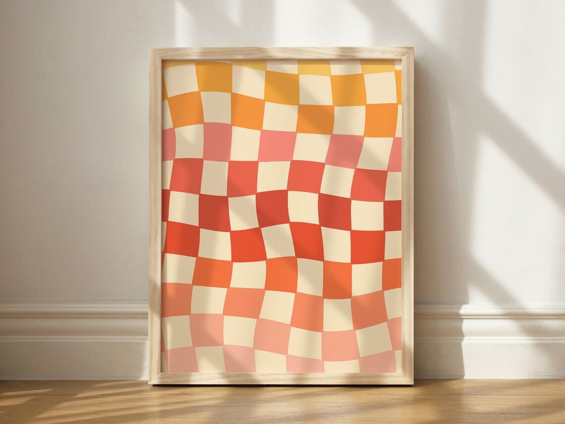 Warm Color Checkered Sunset Art Print, Y2K Decor