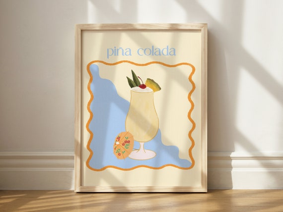 Pina Colada Print Tropical Cocktail Art Decor Tiki Bar Cart Umbrella Drink Coconut Illustration