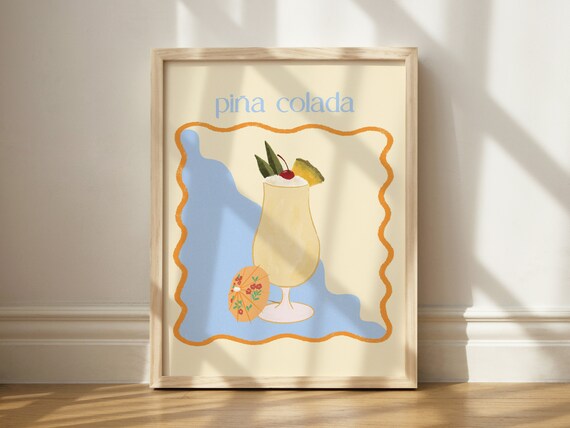Pina Colada Tropical Cocktail Illustration Retro Summer Bar Poster