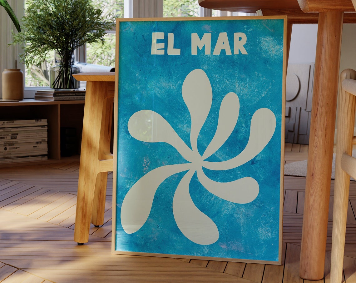 El Mar Cream Coral Emblem On Bright Blue Coastal Typography Poster