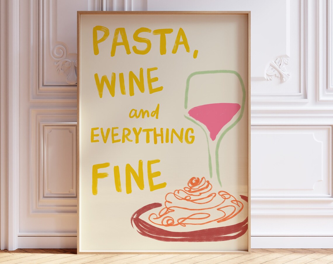 Hand-Drawn Pasta and Wine Poster, Italian Food Print