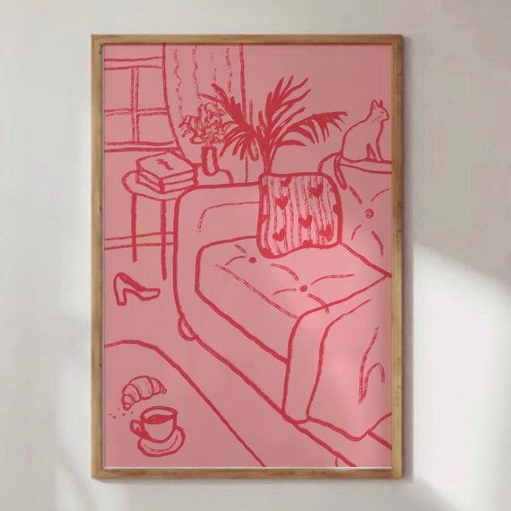 Pink Hand Drawn Cozy Home Print Sofa Coffee Preppy Plant Sketch Aesthetic Dorm Room Decor Girly Red Drawing Wall Art Room Pillow Artwork