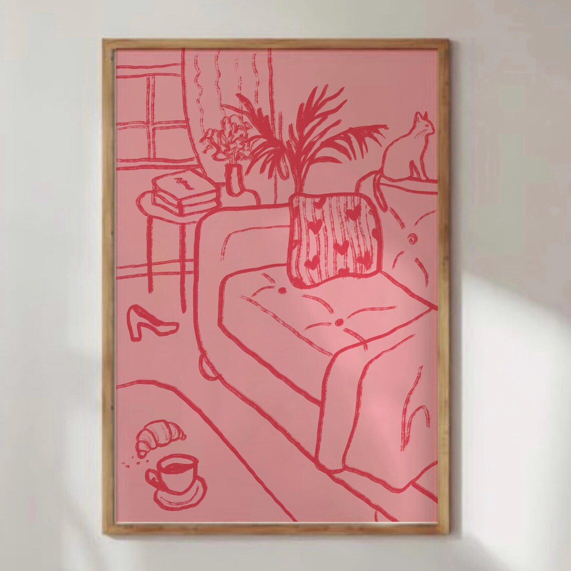 Cozy Pink Living Room Hand Drawn Sketch Sofa Cat Coffee Art Poster