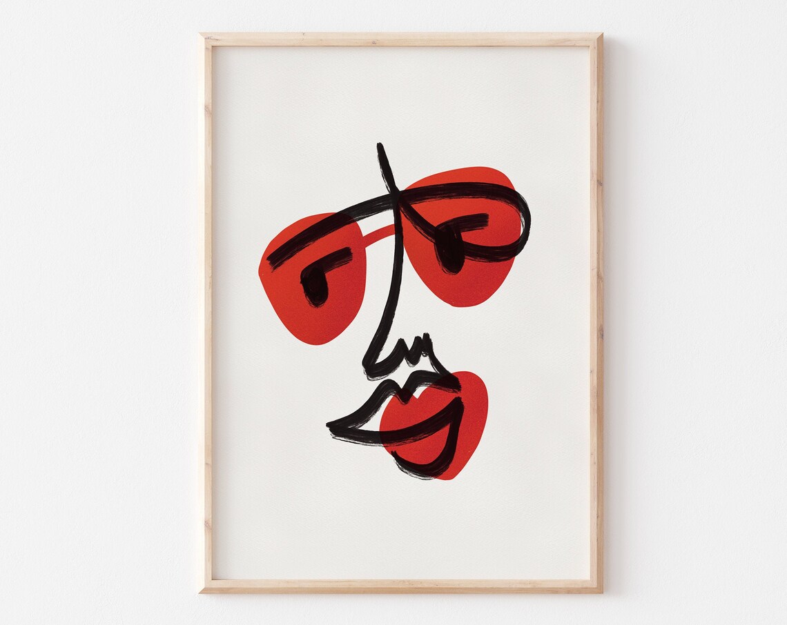 Abstract Face Line Art Red Sunglasses Modern Minimalist Brush Poster
