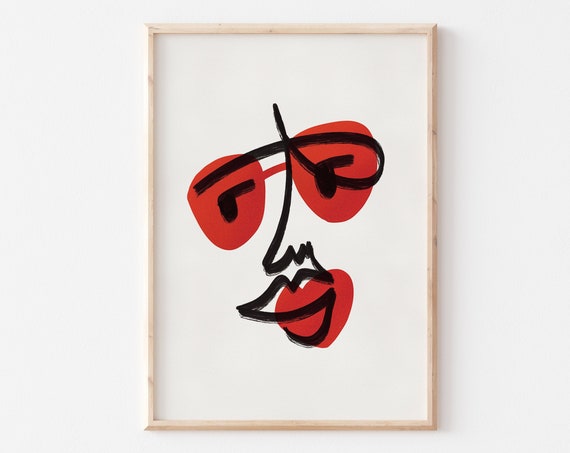 Funny Face Line Art Print Face Line Drawing Wall Art Red Sunglasses Illust Portrait Art Print New Home Gift Line Art Poster