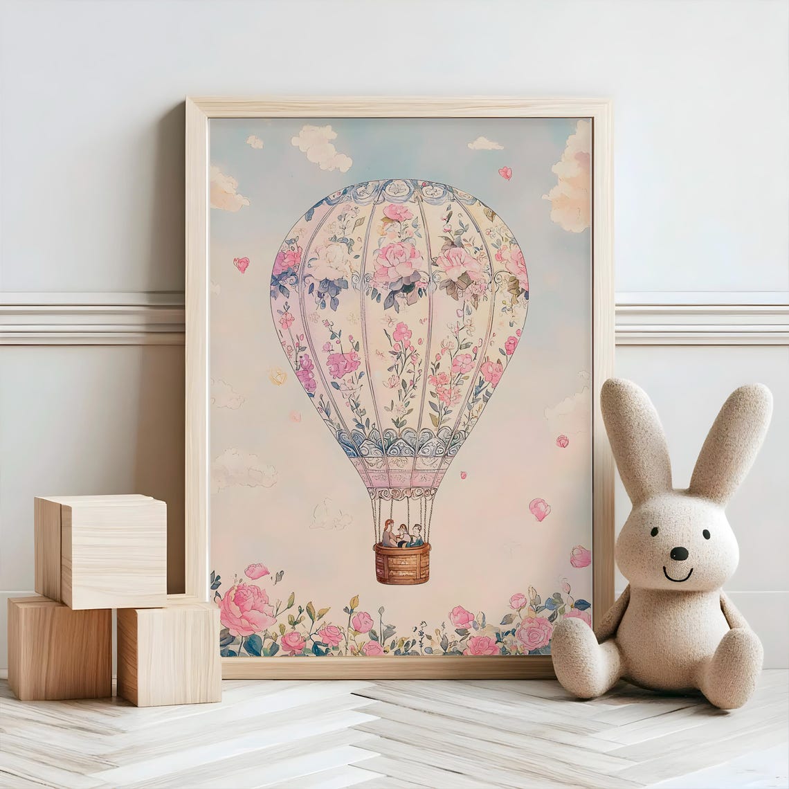 Vintage Floral Hot Air Balloon with Pink Roses Sky Nursery Poster - Image 2
