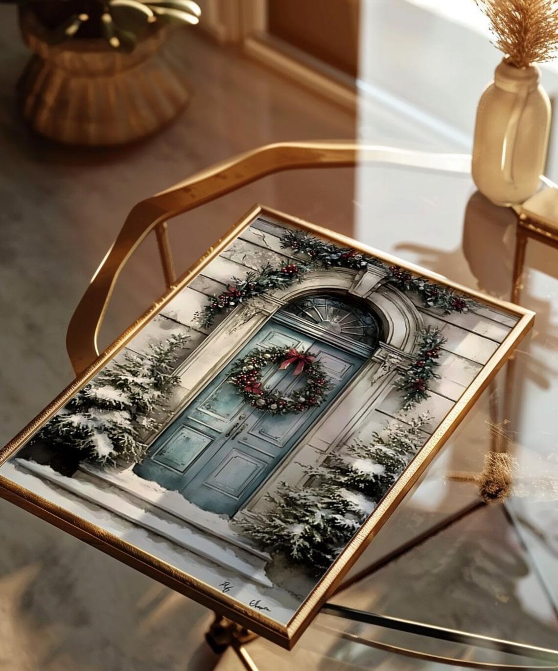Blue Christmas Door With Wreath and Garland Snowy Porch Poster - Image 2