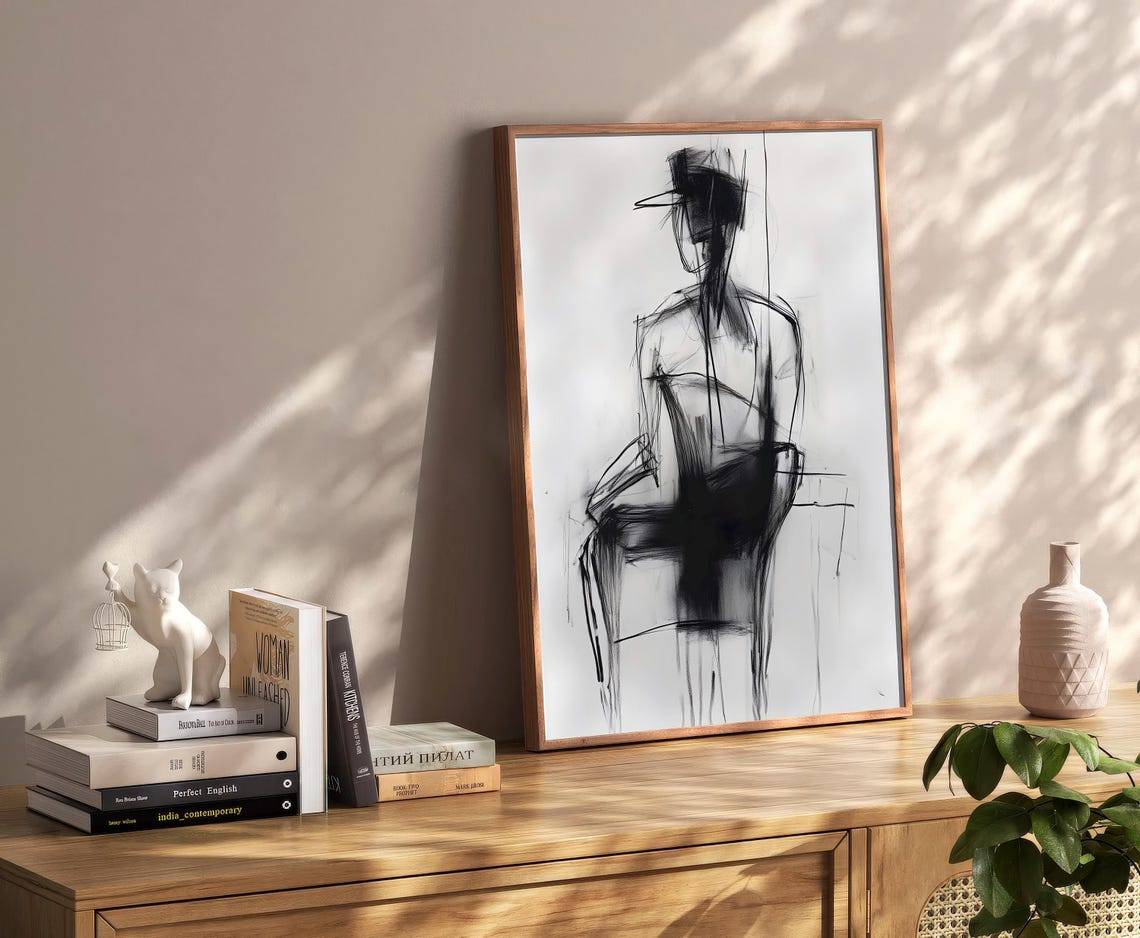 Seated Man Hat Charcoal Sketch Abstract Figure Drawing Poster - Image 2